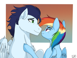 Size: 2048x1536 | Tagged: safe, artist:pimpartist101, derpibooru import, rainbow dash, soarin', female, looking at each other, looking at someone, male, shipping, soarindash, straight