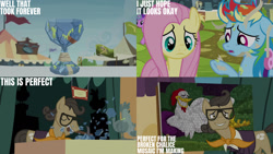 Size: 1280x720 | Tagged: safe, derpibooru import, edit, edited screencap, editor:quoterific, screencap, amethyst star, fluttershy, rainbow dash, sparkler, earth pony, pegasus, pony, unicorn, season 4, trade ya, ears, eyes closed, female, floppy ears, glasses, magic, male, mare, match game, messy mane, open mouth, smiling, stallion, telekinesis, text