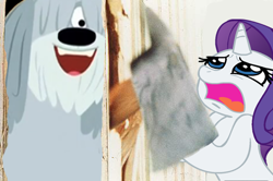 Size: 470x312 | Tagged: safe, derpibooru import, edit, rarity, dog, pony, unicorn, axe, crossover, female, here's johnny, male, mare, niblet, pound puppies, secret butt fun, the shining, weapon