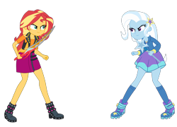 Size: 4500x3240 | Tagged: safe, alternate version, artist:gmaplay, derpibooru import, sunset shimmer, trixie, better together, equestria girls, forgotten friendship, kamen rider, kamen rider ryuki, magic, simple background, sword, transparent background, weapon