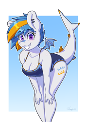 Size: 2480x3508 | Tagged: safe, artist:dandy, derpibooru import, oc, oc only, oc:gulfstream, anthro, original species, shark, shark pony, bat wings, bent over, breasts, cleavage, clothes, ear piercing, female, grin, hands on knees, high res, leaning forward, looking at you, one-piece swimsuit, piercing, shark pony oc, sharp teeth, smiling, smiling at you, solo, swimsuit, teeth, wings