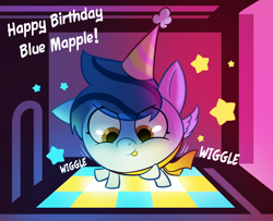 Size: 1000x812 | Tagged: safe, artist:cocaine, derpibooru import, oc, oc:blue maple, pegasus, birthday, dance dance revolution, dancing, hat, mareshmallow pony, party hat, pegasus oc