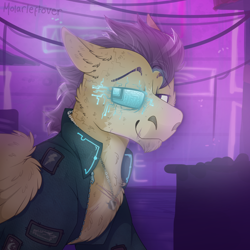 Size: 2300x2300 | Tagged: safe, artist:molars, derpibooru import, oc, oc:flightpath, cyborg, pegasus, amputee, chin fluff, city, clothes, cyberpunk, fluffy, jacket, patch, prosthetics, scar, solo