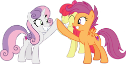 Size: 1210x613 | Tagged: safe, artist:pascalmulokozi2, derpibooru import, edit, edited screencap, screencap, apple bloom, scootaloo, sweetie belle, earth pony, pegasus, pony, unicorn, growing up is hard to do, season 9, spoiler:s09, apple bloom's bow, background removed, bow, cutie mark crusaders, female, hair bow, older, older apple bloom, older scootaloo, older sweetie belle, simple background, transparent background, trio, trio female