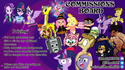 Size: 5249x2953 | Tagged: safe, artist:tidmouthmilk12, derpibooru import, doctor whooves, starlight glimmer, twilight sparkle, oc, oc:tidmouth milk, giraffe, original species, pony, equestria girls, advertisement, amy rose, animal crossing, bovine, commission info, doctor who, fallout, meme, sonic the hedgehog (series), unikitty, vector
