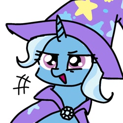 Size: 768x768 | Tagged: safe, artist:namaenonaipony, derpibooru import, trixie, pony, unicorn, brooch, bust, cape, clothes, female, hat, horn, jewelry, mare, open mouth, simple background, solo, trixie's brooch, trixie's cape, trixie's hat, white background