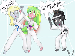 Size: 2700x2024 | Tagged: safe, artist:bageloftime, derpibooru import, derpy hooves, lemon zest, oc, oc:ebony darkness, equestria girls, barefoot, feet, karate, martial arts