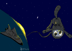 Size: 1200x849 | Tagged: safe, artist:darkdabula, derpibooru import, derpy hooves, pony, atg 2022, newbie artist training grounds, solo, space shuttle, spacesuit