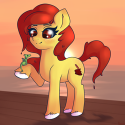 Size: 3000x3000 | Tagged: safe, artist:plaguemare, derpibooru import, oc, oc only, oc:shoveldafries, dragon, earth pony, pony, :p, baby, baby dragon, female, mare, smiling, sunset, tongue, tongue out