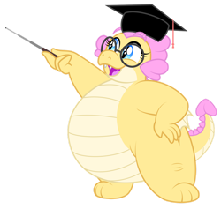 Size: 1280x1215 | Tagged: safe, artist:aleximusprime, derpibooru import, oc, oc:buttercream, oc:buttercream the dragon, dragon, flurry heart's story, belly, big belly, chubby, cute, dragoness, female, glasses, graduation cap, hand on hip, hat, heart shaped, plump, pointer, teacher