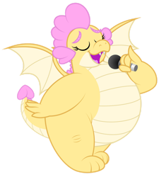 Size: 1280x1425 | Tagged: safe, artist:aleximusprime, derpibooru import, oc, oc:buttercream, oc:buttercream the dragon, dragon, flurry heart's story, belly, big belly, chubby, dragon oc, dragoness, eyes closed, female, microphone, non-pony oc, plump, singing, spread wings, wings