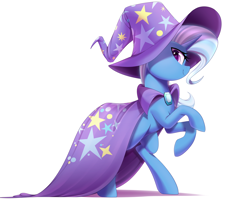 Size: 2500x2000 | Tagged: safe, artist:thebatfang, trixie, pony, unicorn, cape, clothes, female, hat, looking at you, looking sideways, mare, profile, rearing, side view, simple background, smiling, solo, trixie's cape, trixie's hat, white background