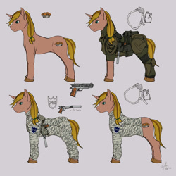 Size: 2000x2000 | Tagged: safe, artist:kibugamikenzo, oc, oc only, unicorn, fallout equestria, body armor, gun, handgun, holster, pistol, uniform, weapon