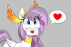 Size: 1500x1000 | Tagged: safe, artist:thebatfang, ponerpics import, oc, oc only, oc:athena, oc:athena (shawn keller), pegasus, pony, female, gray background, heart, letter, mare, mouth hold, simple background, solo, speech bubble, wings