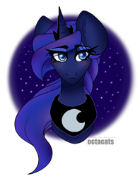 Size: 508x640 | Tagged: safe, artist:octacats, princess luna, alicorn, pony, bust, crown, eye clipping through hair, female, horn, jewelry, mare, night, night sky, peytral, regalia, simple background, sky, solo, transparent background