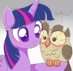 Size: 2000x1961 | Tagged: safe, artist:nnaly, derpibooru import, owlowiscious, twilight sparkle, twilight sparkle (alicorn), alicorn, bird, owl, pony, awwlowiscious, blushing, colored pupils, cute, duo, female, gray background, mare, outstretched hoof, signature, simple background, smiling, sparkly eyes, starry eyes, twiabetes, wingding eyes