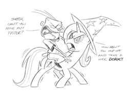 Size: 1025x729 | Tagged: safe, artist:mellodillo, derpibooru import, trixie, human, pony, unicorn, angry, crossover, dialogue, duo, ed edd n eddy, eddy, female, grayscale, humans riding ponies, kathleen barr, looking at each other, looking at someone, male, mare, monochrome, riding, simple background, sketch, voice actor joke, white background, wobbling