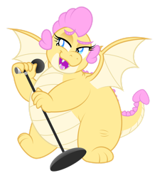 Size: 1280x1425 | Tagged: safe, artist:aleximusprime, derpibooru import, oc, oc only, oc:buttercream, oc:buttercream the dragon, dragon, flurry heart's story, adorafatty, bedroom eyes, belly, big belly, chubby, cute, dragon oc, dragoness, fangs, fat, female, flirting, heart shaped, microphone, microphone stand, non-pony oc, simple background, singing, solo, spread wings, transparent background, wings