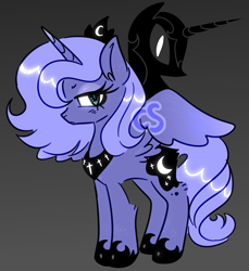 Size: 1639x1787 | Tagged: safe, artist:cutiesparke, derpibooru import, nightmare moon, princess luna, alicorn, pony, :<, black background, dark background, female, gray background, jewelry, regalia, s1 luna, silhouette, simple background, solo, spread wings, wings