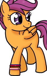 Size: 494x791 | Tagged: artist needed, source needed, safe, derpibooru import, scootaloo, pegasus, pony, 2022, bracelet, female, filly, foal, folded wings, headcanon, jewelry, lesbian pride flag, looking offscreen, polyamorous pride flag, pride, pride flag, sexuality headcanon, shading practice, simple background, smiling, solo, walking, white background, wings