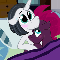 Size: 4096x4096 | Tagged: safe, artist:decokenite, artist:katnekobase, derpibooru import, chancellor neighsay, fizzlepop berrytwist, tempest shadow, pony, unicorn, base used, bed, bedroom eyes, bedroom ponies, bedtime, blanket, blushing, female, hug, hugging a pony, looking at something, male, pillow, shipping, stallion, straight, sweat, tempest neighsay