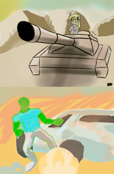 Size: 2008x3071 | Tagged: safe, artist:boxybrown, ponerpics import, derpy hooves, oc, oc:anon, colored, comic, desert, knife, tank (vehicle)