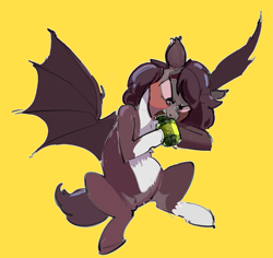 Size: 2735x2584 | Tagged: safe, artist:alumx, derpibooru import, oc, oc only, oc:bramble patch, bat pony, pony, bat pony oc, biting, coat markings, food, jar, pickle, pickle jar, red face, simple background, sitting, solo, spread wings, wings, yellow background