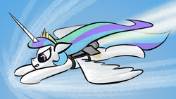 Size: 1920x1080 | Tagged: safe, artist:purblehoers, derpibooru import, princess celestia, alicorn, pony, determined, fast, flying, horn, jetpack, long horn, shockwave, sky, solo, sonic boom, sound barrier, spread wings, windswept mane, wings