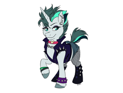 Size: 1600x1200 | Tagged: safe, artist:floots, derpibooru import, oc, oc only, oc:aquaria lance, pony, unicorn, bracelet, chains, clothes, collar, fishnet stockings, jacket, jewelry, leather jacket, necklace, piercing, punk, simple background, solo, spikes, white background