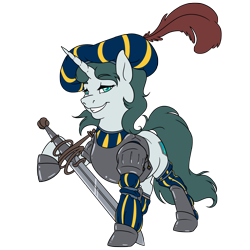 Size: 3000x3000 | Tagged: safe, artist:floots, derpibooru import, oc, oc only, oc:aquaria lance, pony, unicorn, armor, clothes, costume, hat, simple background, solo, sword, transparent background, weapon