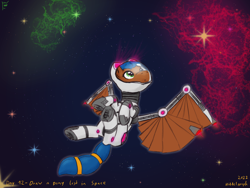 Size: 1600x1200 | Tagged: safe, artist:hiddelgreyk, derpibooru import, oc, oc only, pegasus, pony, floating, male, nebula, newbie artist training grounds, pegasus oc, space, spacesuit, stallion, stars