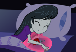 Size: 797x546 | Tagged: safe, artist:hakdurbin, derpibooru import, octavia melody, equestria girls, balloon, bed, clothes, cutie mark, heart balloon, implied canon x oc, implied oc, nightgown, pajamas, pillow, sleeping, solo