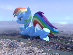 Size: 1600x1200 | Tagged: safe, artist:ravistdash, derpibooru import, rainbow dash, pegasus, pony, 3d, blender, butt, city, giga giant, lying down, macro, plot, prone, rainbutt dash, solo, underhoof