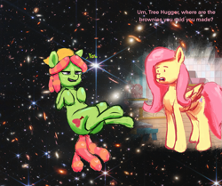 Size: 2447x2048 | Tagged: safe, artist:phutashi, derpibooru import, fluttershy, tree hugger, earth pony, pegasus, pony, atg 2022, dialogue, duo, high, implied drug use, implied marijuana, newbie artist training grounds, space