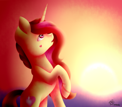 Size: 1600x1400 | Tagged: safe, artist:prettyshinegp, derpibooru import, oc, oc only, pony, unicorn, female, horn, looking up, mare, raised hoof, raised leg, signature, solo, sunset, unicorn oc