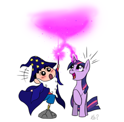 Size: 1080x1065 | Tagged: safe, artist:questionmarkdragon, derpibooru import, twilight sparkle, unicorn twilight, human, pony, unicorn, 2021, anime, crayon shin-chan, crossover, duo, female, glowing, glowing horn, hat, horn, looking back, male, mare, old art, shinchan, signature, simple background, smiling, white background, wizard, wizard hat
