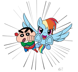 Size: 1112x1037 | Tagged: safe, artist:questionmarkdragon, derpibooru import, rainbow dash, human, pegasus, pony, 2021, :d, anime, clothes, crayon shin-chan, crossover, duo, eyelashes, female, flying, mare, old art, open mouth, open smile, shinchan, signature, simple background, smiling, underhoof, white background