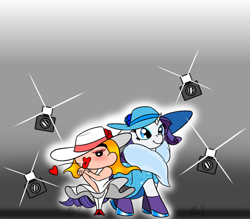 Size: 1142x999 | Tagged: safe, artist:questionmarkdragon, derpibooru import, rarity, human, pony, unicorn, 2021, anime, camera, clothes, crayon shin-chan, crossover, dress, duo, female, gradient background, hat, hoof shoes, mare, old art, shinchan, smiling, sun hat