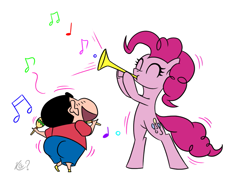 Size: 1097x850 | Tagged: safe, artist:questionmarkdragon, derpibooru import, pinkie pie, earth pony, human, pony, 2021, anime, ass, bipedal, butt, clothes, crayon shin-chan, crossover, dancing, duo, eyelashes, female, mare, music notes, old art, shinchan, simple background, white background