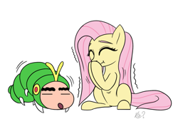 Size: 1163x808 | Tagged: safe, artist:questionmarkdragon, derpibooru import, fluttershy, caterpillar, human, pegasus, pony, 2021, anime, clothes, costume, crayon shin-chan, crossover, cute, daaaaaaaaaaaw, duo, female, laughing, mare, old art, shinchan, shinnosuke nohara, shyabetes, simple background, white background, wingless