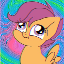 Size: 768x768 | Tagged: safe, artist:namaenonaipony, derpibooru import, scootaloo, pegasus, pony, abstract background, bust, cross-eyed, derp, eye clipping through hair, female, filly, foal, solo, wings