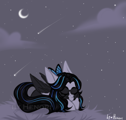 Size: 2000x1900 | Tagged: safe, artist:henorinya, derpibooru import, oc, oc only, pegasus, pony, crescent moon, eyes closed, female, mare, moon, outdoors, pegasus oc, shooting star, sleeping, wings