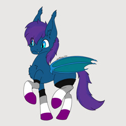 Size: 1280x1280 | Tagged: safe, artist:zackwhitefang, derpibooru import, oc, oc only, bat pony, pony, asexual pride flag, bat pony oc, bat wings, clothes, commission, cute, cute little fangs, digital art, fangs, pride, pride flag, simple background, socks, stockings, striped socks, tail, thigh highs, walk cycle, walking, wings