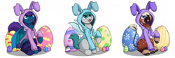 Size: 1280x427 | Tagged: safe, artist:zackwhitefang, derpibooru import, oc, oc only, bat pony, changeling, pony, :p, bat pony oc, bat wings, changeling oc, clothes, commission, costume, cute, digital art, easter, easter egg, holiday, looking at you, simple background, sitting, tail, tongue, tongue out, white background, wings