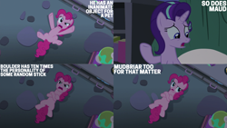 Size: 4400x2475 | Tagged: safe, derpibooru import, edit, edited screencap, editor:quoterific, screencap, pinkie pie, starlight glimmer, earth pony, pony, unicorn, season 8, the maud couple, spoiler:s08, crossed hooves, duo, female, horn, implied maud pie, mare, open mouth, text