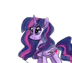 Size: 738x653 | Tagged: safe, artist:alicedrawing13, derpibooru import, twilight sparkle, twilight sparkle (alicorn), alicorn, pony, alternate hairstyle, eye clipping through hair, female, folded wings, horn, mare, simple background, solo, white background, wings