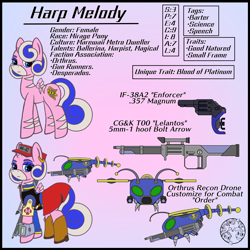 Size: 4000x4000 | Tagged: safe, artist:dice-warwick, derpibooru import, oc, oc:harp melody, original species, robot, fallout equestria, fallout equestria: desperados, clothes, gun, handgun, hat, horn, jacket, mirage pony, pipbuck, red dress, red hat, revolver, rifle, small horn, small wings, stripes, vest, weapon, wings