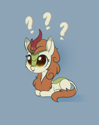 Size: 1778x2247 | Tagged: safe, artist:dusthiel, derpibooru import, autumn blaze, kirin, atg 2022, horn, lying, lying down, newbie artist training grounds, ponyloaf, prone, question mark, solo, tongue, tongue out