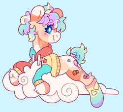 Size: 2500x2271 | Tagged: safe, artist:cocopudu, derpibooru import, oc, oc only, earth pony, clothes, cloud, coat markings, dappled, hoodie, looking at you, lying down, lying on a cloud, on a cloud, smiling, socks, solo