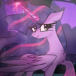 Size: 512x512 | Tagged: safe, artist:alicedrawing13, derpibooru import, twilight sparkle, twilight sparkle (alicorn), alicorn, pony, chest fluff, eye clipping through hair, female, glowing, glowing horn, horn, magic, magic aura, mare, solo, wings